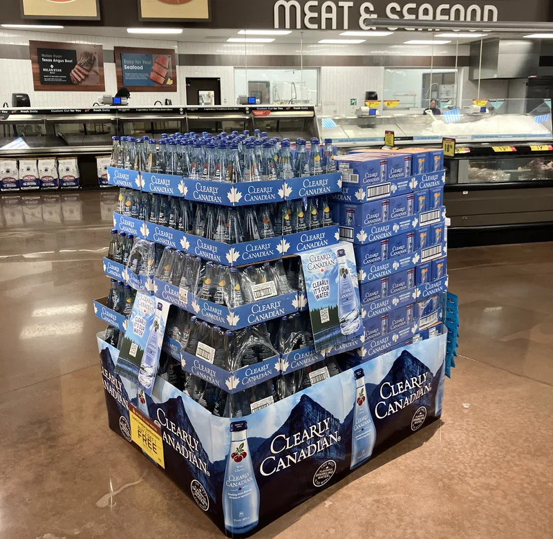 Clearly Canadian sparkling water display built by Green House for an in-store retail program at a grocery store.