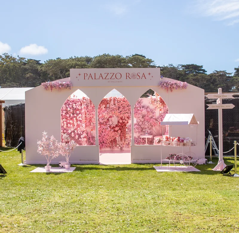 Pink floral Palazzo Rosa installation for Stella Rosa at a Green House experiential brand activation.